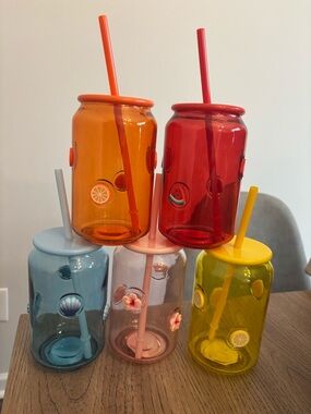 Set of 5 Colorful Fruit-Accent Beverage Jars with Straws